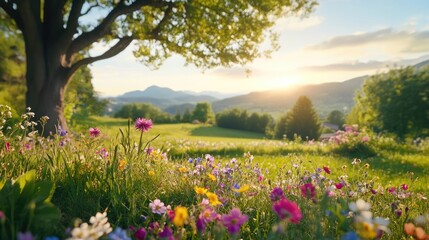 Obraz premium Scenic Sunrise Over Meadow Filled With Colorful Wildflowers