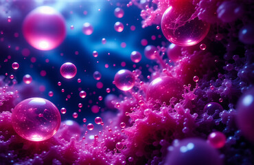 Pink bubbles float in a dreamy purple and blue space. Reflective spheres create an ethereal and textured scene.