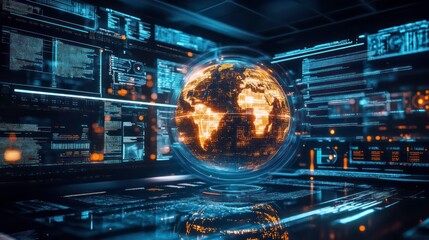 A futuristic control room with a glowing globe in the center and multiple screens displaying data and code.
