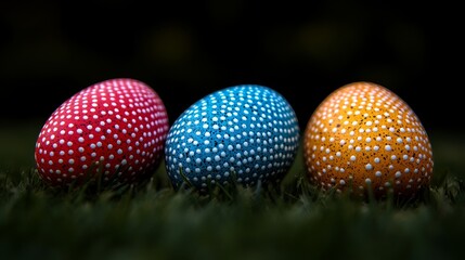 Obraz premium Three colorful decorated eggs rest in the green grass outdoors