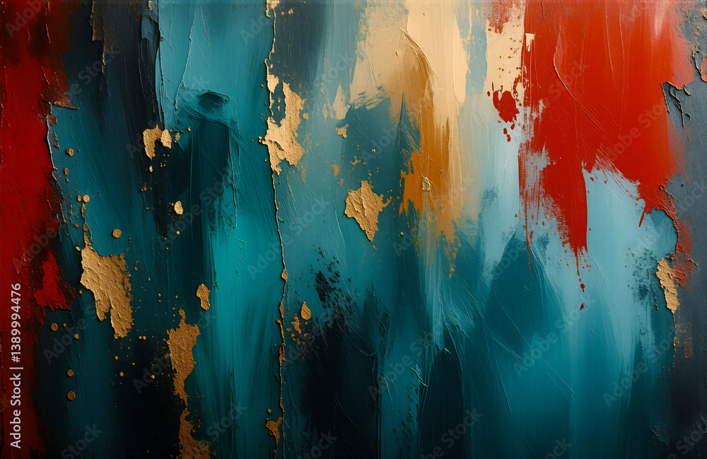 Aufkleber abstract painting featuring teal, red, gold, and black colors creating a textured and dynamic artist