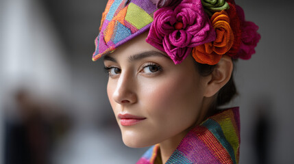 Naklejka premium Mexican folkloric dress reimagined with holographic fabric and a robotic floral headpiece showcases culture and AI fusion