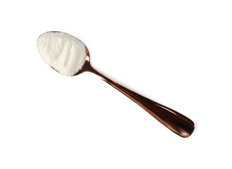 Collagen powder in spoon isolated on white, top view