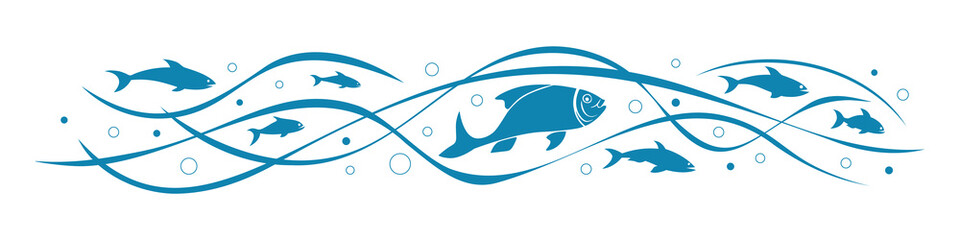 Shoal of fish, sea wave, stylized vector illustration, isolated on white background