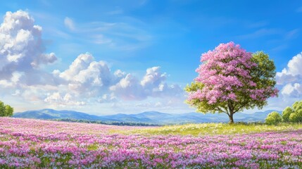 Vibrant Spring Landscape with Cherry Blossom Tree and Flowers