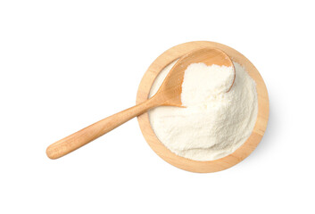 Collagen powder in bowl and spoon isolated on white, top view