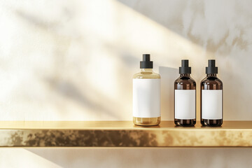 Skin care products bottles with blank mockup labels on a gold shelf with area for text or design