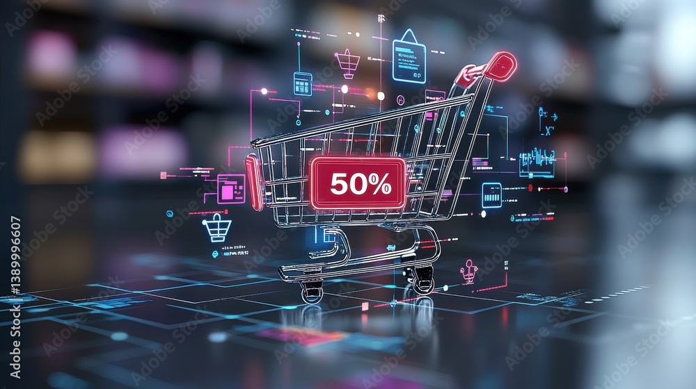 Poster a digital neon lit shopping interface with a 50 discount icon and various data visualizations and ic