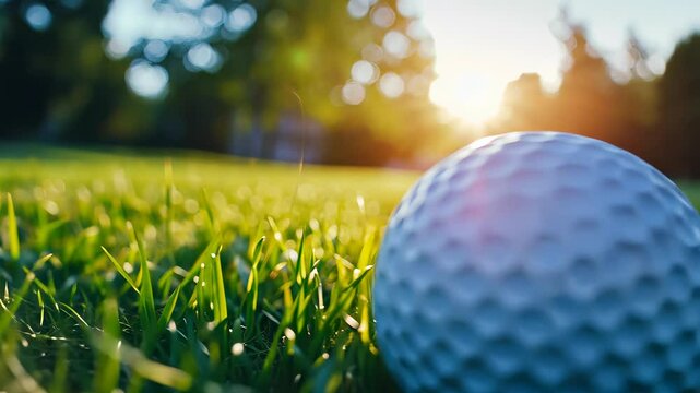 White golf ball resting on a lush putting green Grass , poised for play as the sun sets, casting a warm concepts over the serene landscape sport space copy glow for text video 4k