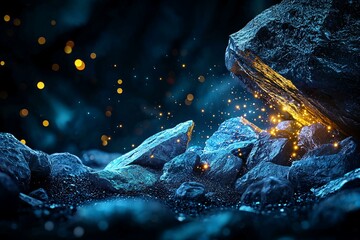 Enchanting cave scene with glowing particles creating a magical atmosphere