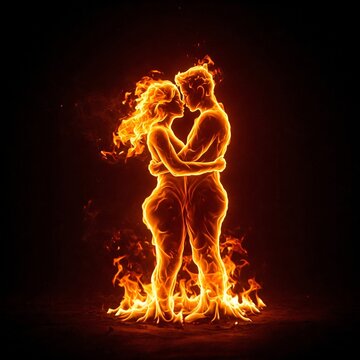 Silhouette d'un couple enlac&eacute; dans un brasier ardent