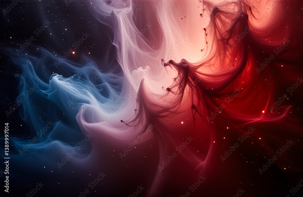 Poster ethereal cosmic clouds in shades of blue and red swirl on a dark, starry expanse, resembling a nebul