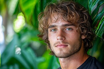 Striking portrait of a young man in lush greenery with soft dappled lighting