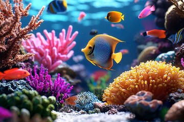 Vibrant underwater scene with diverse coral reefs and colorful fish