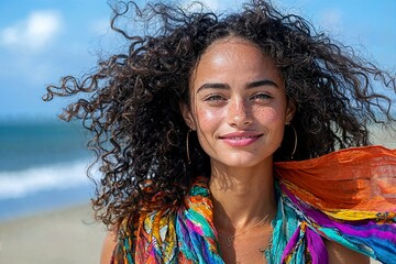 Vibrant portrait of a joyful young woman smiling on the beach with colorful fabric fluttering in the wind