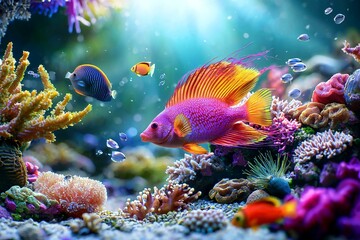 Serene underwater tableau with tropical fish and illuminated corals