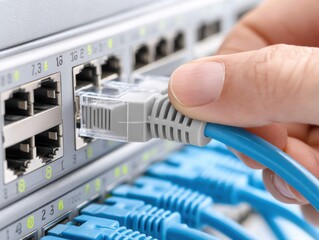 Cloud computing data center AI integration concept. Connecting a blue Ethernet cable to a network switch port in a modern data center.