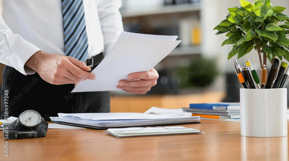Poster man holding paper document while concentrating on important executive review in a modern office sett