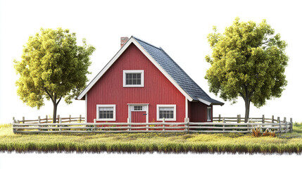 Obraz premium Red farmhouse with wooden fence and trees in rural setting