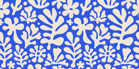 Vector seamless pattern in simple floral wavy and groovy naive style, flowers and plants, floral botanic hand drawn design templates, modern art prints, surface design, holiday and beach theme
