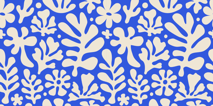 Vector seamless pattern in simple floral wavy and groovy naive style, flowers and plants, floral botanic hand drawn design templates, modern art prints, surface design, holiday and beach theme