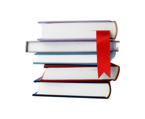 Book with red ribbon bookmark and colorful ones isolated on white