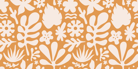 Vector seamless pattern in simple floral wavy and groovy naive style, flowers and plants, floral botanic hand drawn design templates, modern art prints, surface design, holiday and beach theme