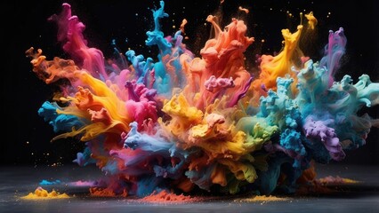 An explosion of vibrant colored powders and smoke captured against a black background.