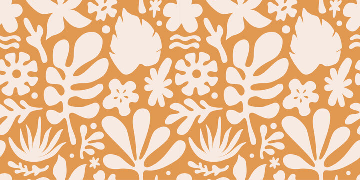 Vector seamless pattern in simple floral wavy and groovy naive style, flowers and plants, floral botanic hand drawn design templates, modern art prints, surface design, holiday and beach theme