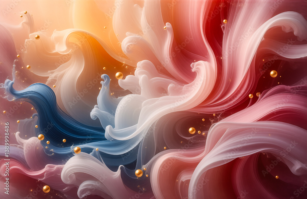 Poster a vibrant abstract depicts swirling, airy forms in hues of red, orange, white, and blue with glitter
