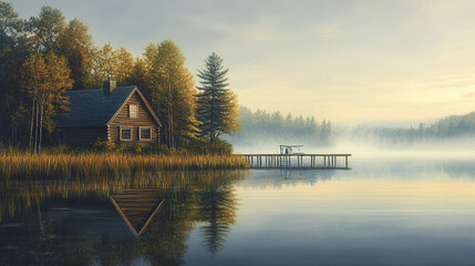 Obraz premium serene farmhouse by lake with fishing pier and reflections
