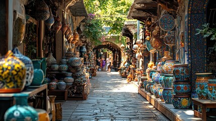 Exotic marketplace scene showcasing handcrafted ceramics and cultural richness