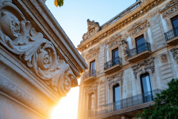 Fototapeta premium A striking view of a beautifully carved architectural column framed against a stunning sunset, showcasing the brilliance of natural light and artistic workmanship in historic architecture.