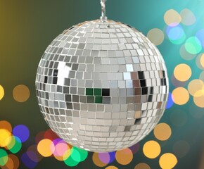 Shiny disco ball on color gradient background with blurred lights