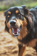 Shepard dog with a big smile ready to play on a sunny day.