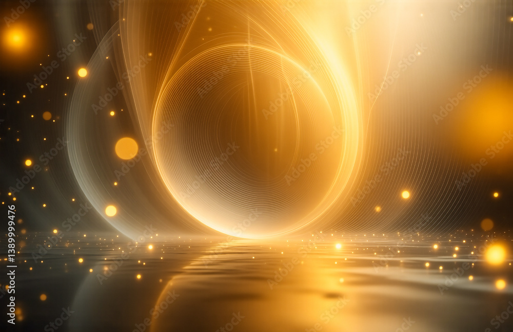 Poster Here's a description and keywords for the image:

A radiant, golden abstract scene. Light flares, creating soft circles and shimmering reflections on a surface. Hints of depth and ethereal energy fill