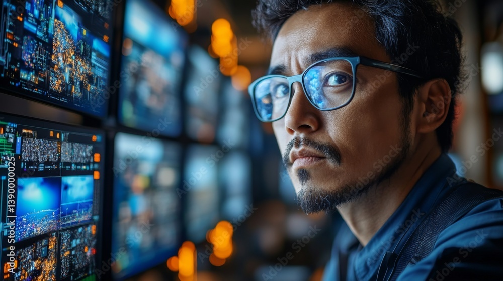 Aufkleber Focused technician analyzes real time data on multiple screens related to offshore drilling and petroleum operations, ensuring efficient extraction and safety measures.