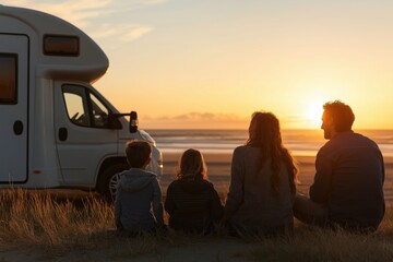 Family enjoying a peaceful sunset at the beach with a motorhome parked nearby