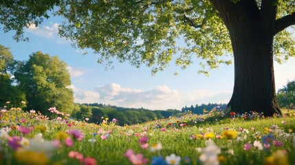 Obraz premium Vibrant Meadow Under Large Tree with Colorful Flowers and Blue Sky