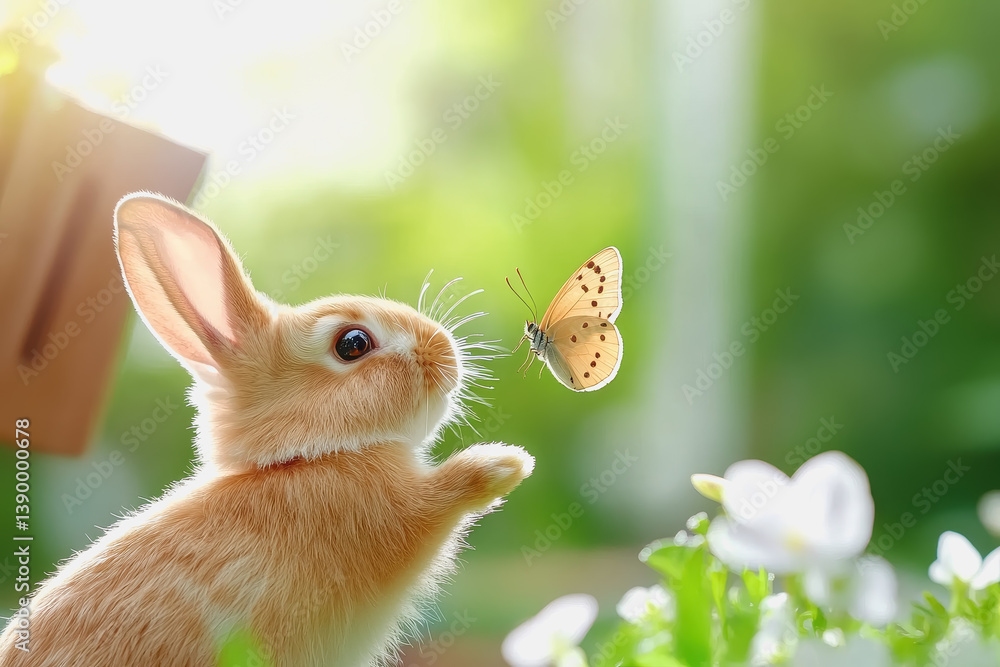 Poster enchanting scene of a curious rabbit gazing at a colorful butterfly in a dappled sunlit environment