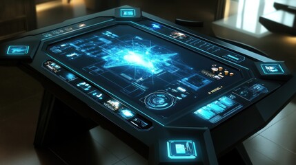 Futuristic table displays data; office background