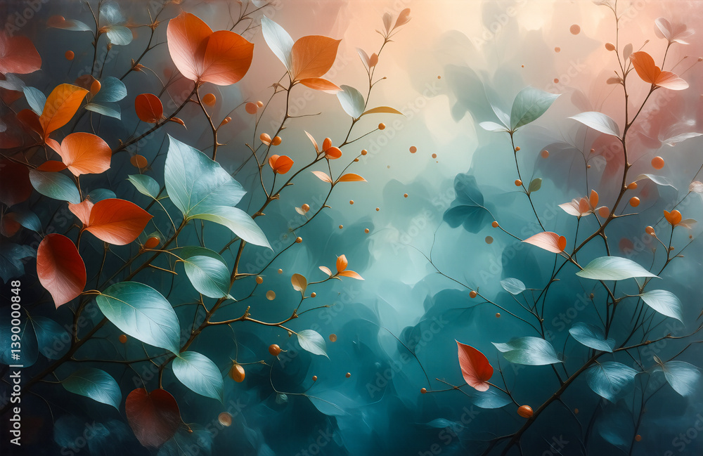 Fototapete Image: Dreamy depiction of swirling leaves and floral elements floating in an ethereal, abstract landscape. Soft colors and delicate textures create a sense of calm and artistic harmony.
