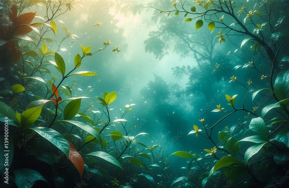 Poster Lush, ethereal forest bathed in light, a verdant, calming scene. Sunlight filters through the canopy, illuminating foliage and creating a mystical atmosphere. Hints of hidden life and tranquility abou