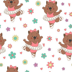 Obraz premium Сhildish seamless pattern with dancing wombat. Animal ballerina print, vector texture for kids birthday, fabric, wallpaper, wrapping paper, textile, t-shirt print