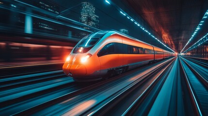 Fototapeta premium A sleek high speed train glides through a modern urban environment illuminated by city lights, emphasizing innovations in transportation, automation, and mobility solutions.