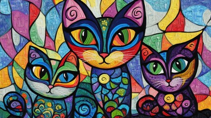 Obraz premium A whimsical stock image featuring three abstract cats in vibrant colors and patterns. The image conveys a sense of creativity, artistic design, and the beauty of feline art,