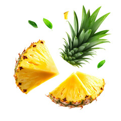 A vibrant pineapple with slices showcasing its juicy yellow flesh and green leaves, symbolizing freshness and tropical flavor.