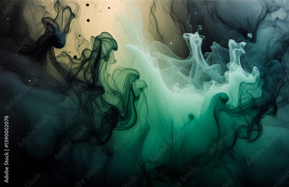 Fototapete The image shows a blend of colors with hints of green, dark and light shades, creating a fluid, abstract visual. It evokes an airy sensation with its ethereal movement.