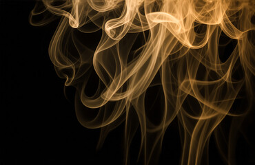Swirling, golden-hued wisps of smoke dance against a stark black backdrop, creating an ethereal and abstract display, hint of movement and lightness.