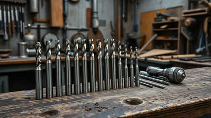 Fototapeta premium Metal Drill Bits and Cutting Tools on a Workbench in an Industrial Workshop